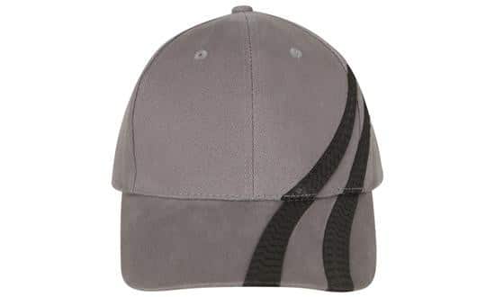 Charcoal grey structured baseball cap with curved brim and contrasting textured black side panel detail, front view on a white background
