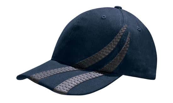 Navy blue structured baseball cap with curved brim and textured contrast stripe detail on the front panel and brim, angled front view on a white background.