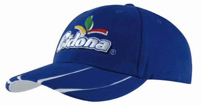 A blue cap with a two-tone peak and a logo on the front. The material appears to be brushed heavy cotton.