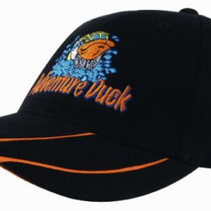 A black cap with a hi-vis orange two-tone peak and an embroidered logo on the front.