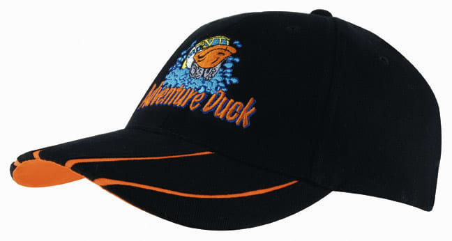A black cap with a hi-vis orange two-tone peak and an embroidered logo on the front.