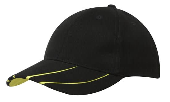 A black cap with a hi-vis laminated two-tone peak in yellow, featuring a logo on the front.