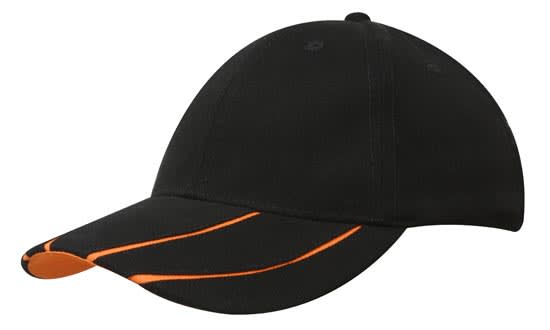 A black cap with a hi-vis laminated two-tone orange peak. It features a logo on the front.