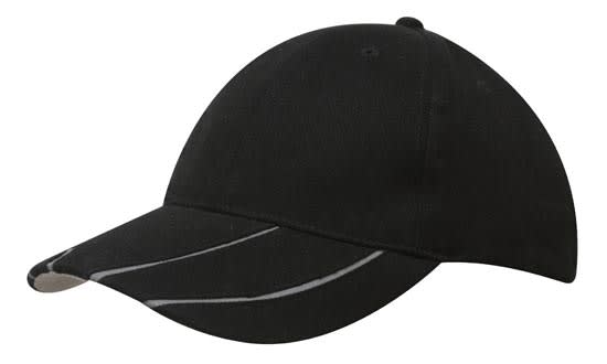 A black cap with a hi-vis laminated two-tone peak and a logo. Ideal for outdoor use and visibility.