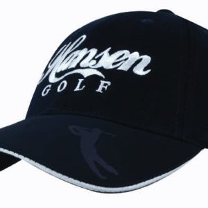 A navy blue cap with an embossed peak and a logo, featuring white lettering for branding.