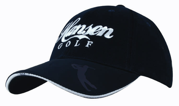 A navy blue cap with an embossed peak and a logo, featuring white lettering for branding.
