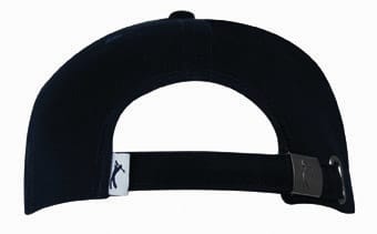 A black cap with a brushed heavy cotton fabric, featuring an embossed PU peak and a silver strap adjustment.