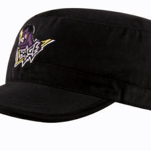 A black military cap featuring a logo on the front, designed for casual headwear.