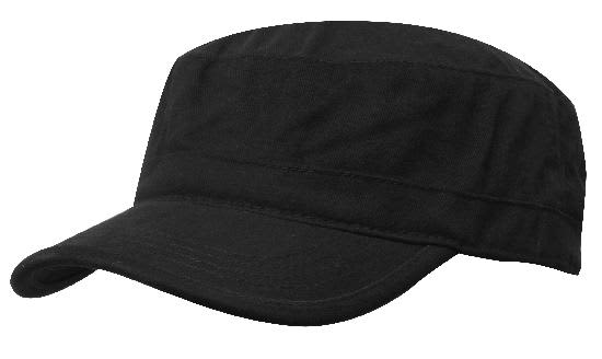 A black military-style cap with a flat brim and a structured top. It features a logo on the side.