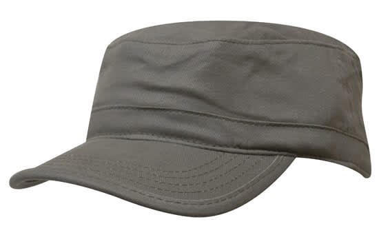A military-style cap in olive green with a flat top and a curved visor. It features a logo on the side.