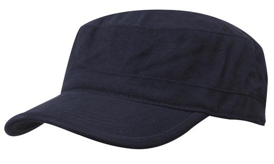 A navy blue military cap with a flat brim and structured crown, featuring a logo.