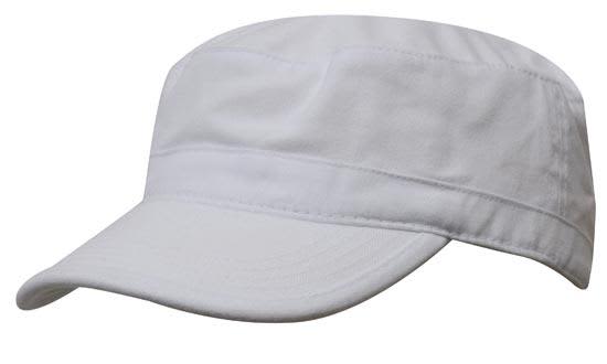 A white sports twill military cap with a curved brim and a stylish design, featuring a logo on the front.