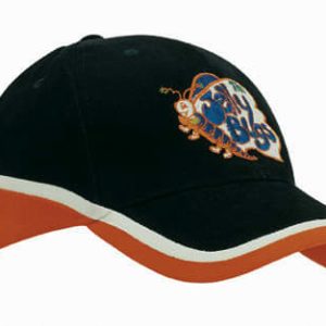 A brushed heavy cotton tri-coloured cap in navy, orange, and white with a logo on the front.