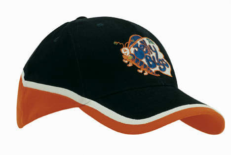 A brushed heavy cotton tri-coloured cap in navy, orange, and white with a logo on the front.