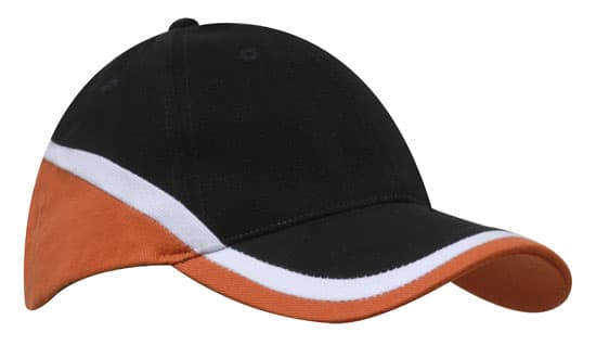 A tri-coloured cap featuring black, orange, and white detailing, with an adjustable strap and a logo.
