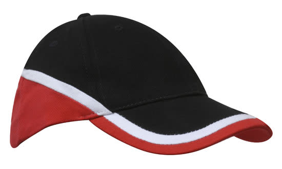 A black cap featuring tri-coloured detailing in red and white, with a logo prominently displayed.