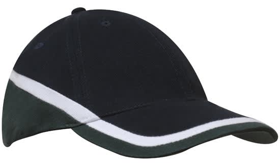 A tri-coloured cap featuring black, white, and dark green panels, designed with a logo on the front.