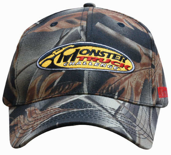 Leaf print camouflage cotton twill cap featuring a logo, primarily in shades of green and brown.