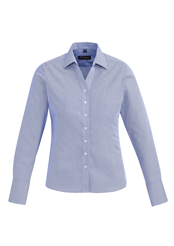 A light blue women's button-up shirt with long sleeves and a collared neckline, featuring a logo.