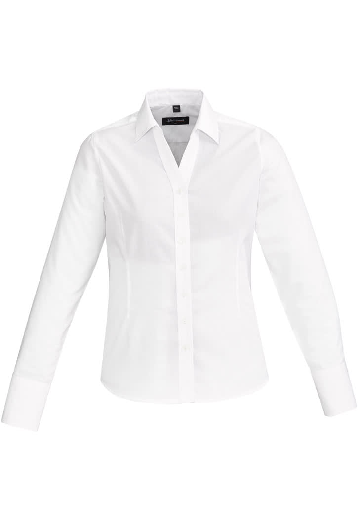 A white long-sleeve button-up shirt for women with a fitted design and a logo on the collar.