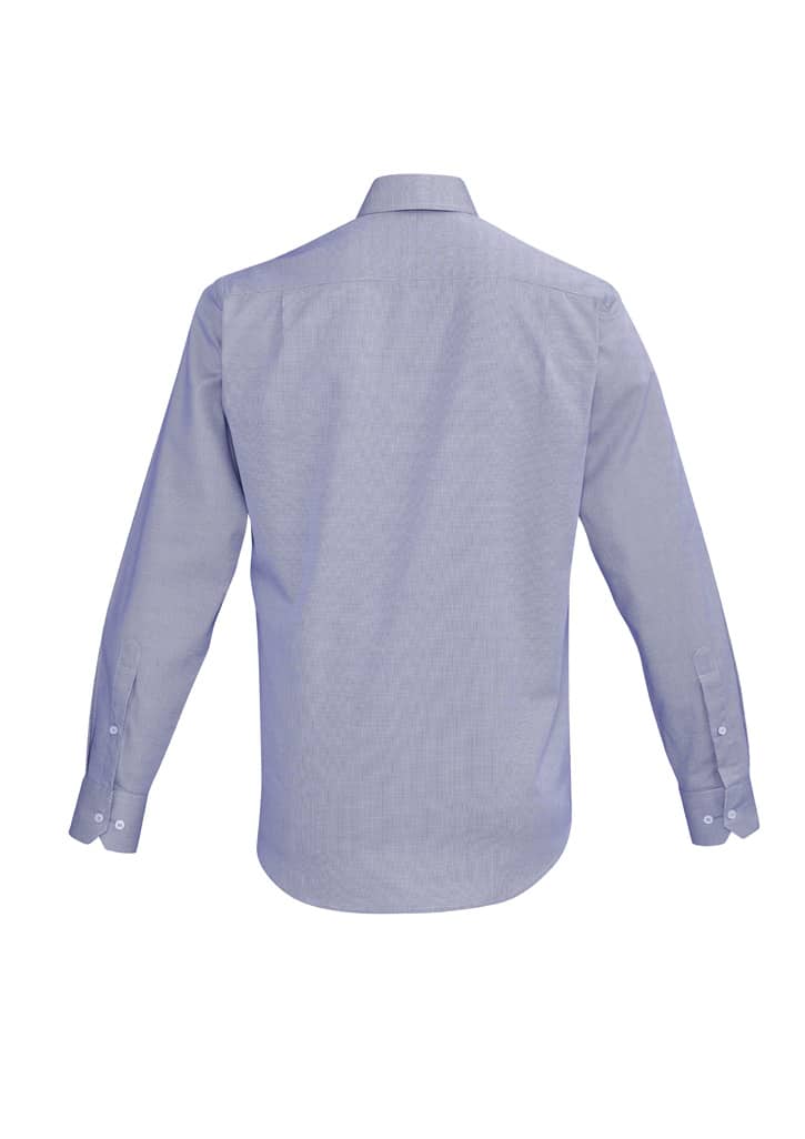 A button-up shirt in light blue with long sleeves and a back view. It features a logo on the label.
