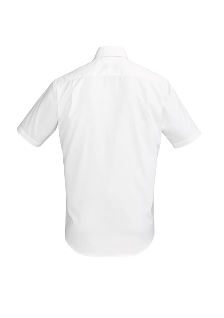 A short-sleeved, white button-up shirt featuring a collar and a plain back design. It has a logo tag.