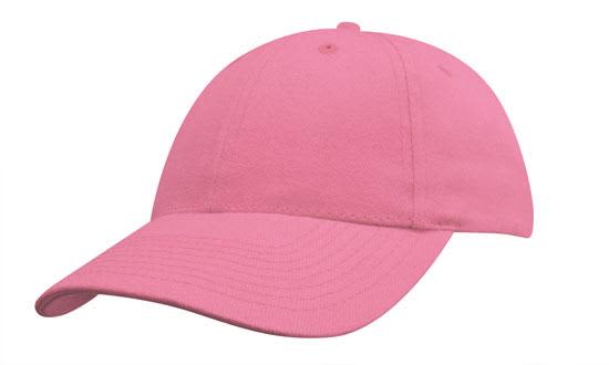 A pink youth-sized cap with a structured design and curved peak, featuring a logo on the front.