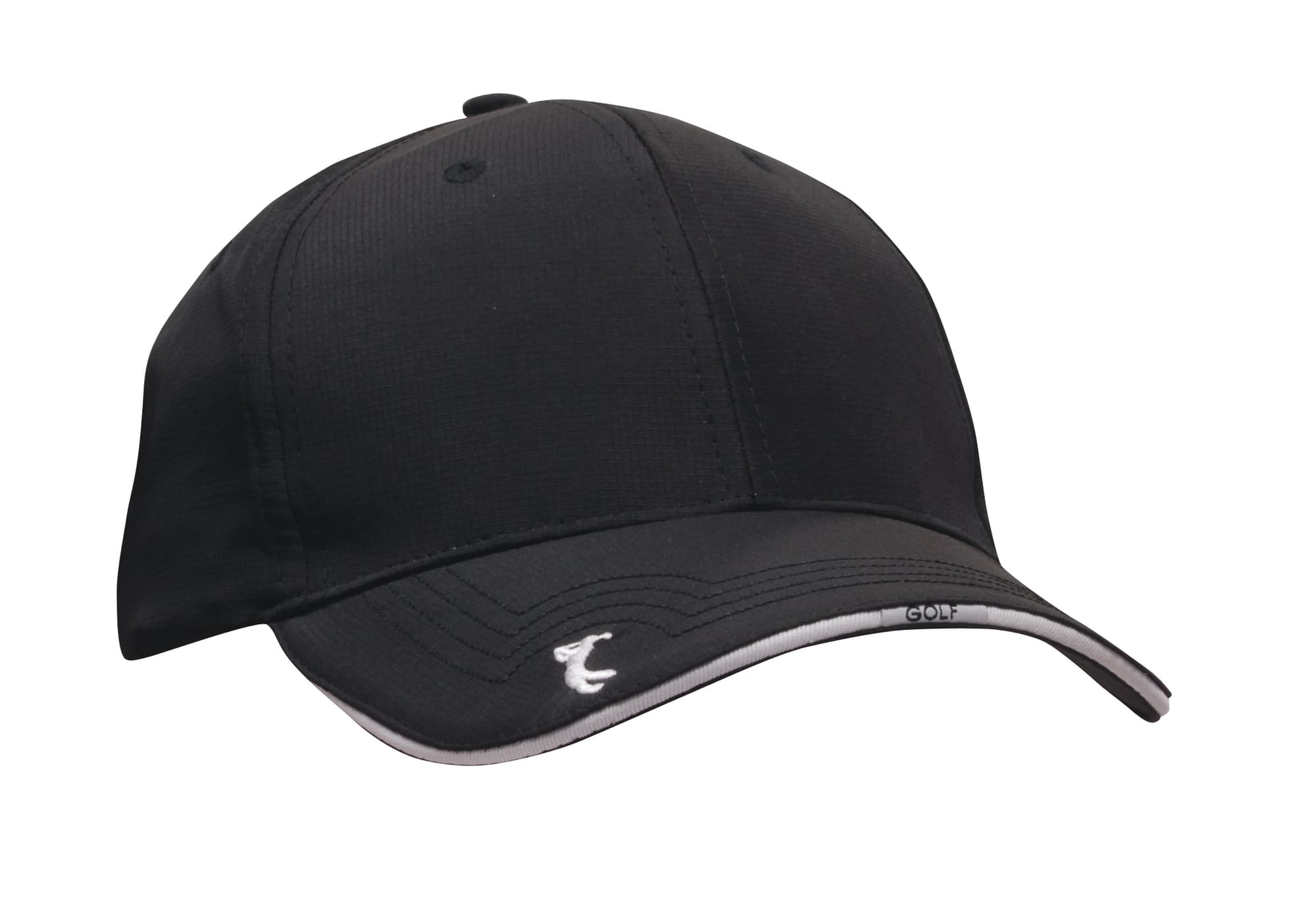 A black cap with a white trim and peak embroidery, featuring a logo on the side.