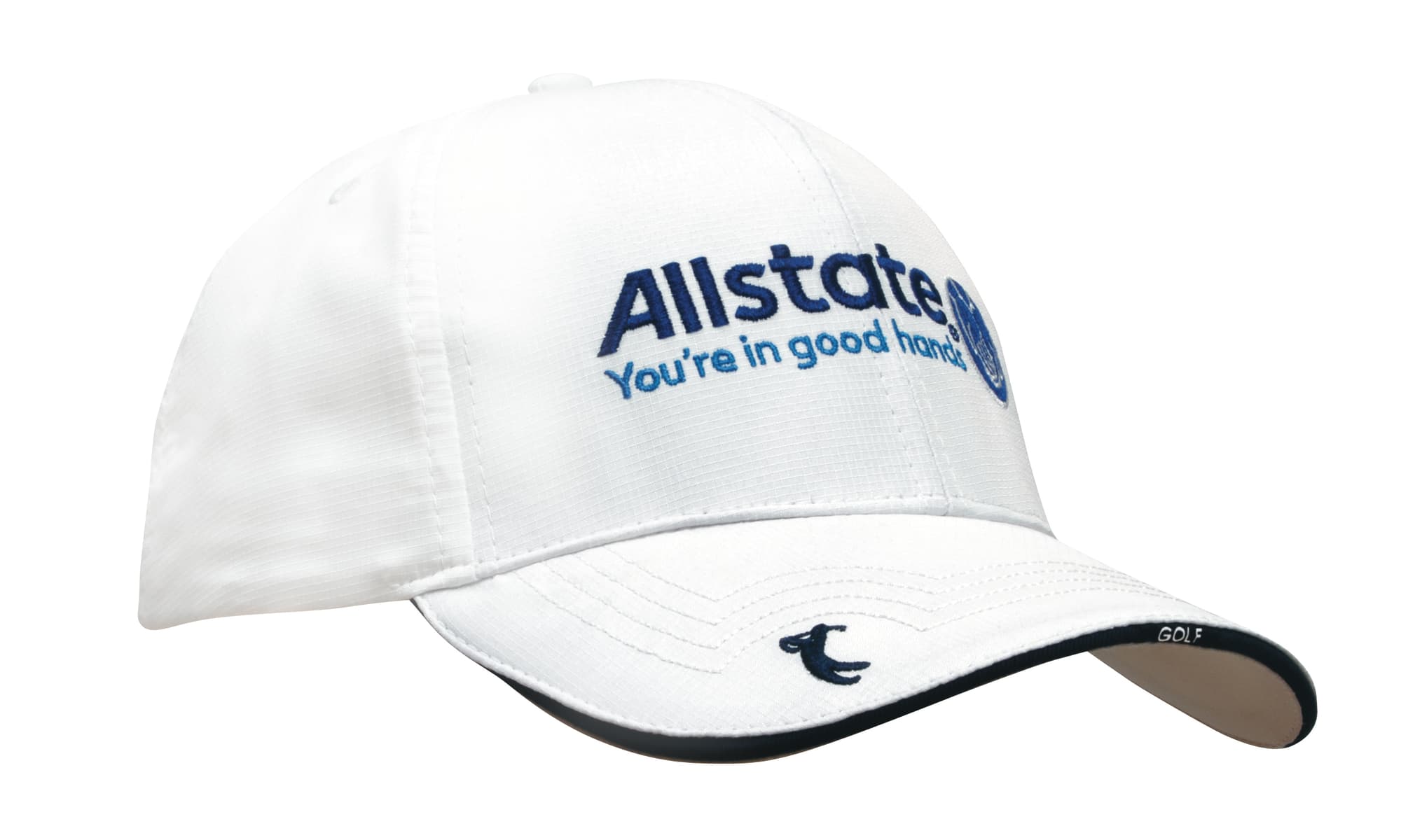 A white cap with peak embroidery and a contrasting black trim, featuring a logo.