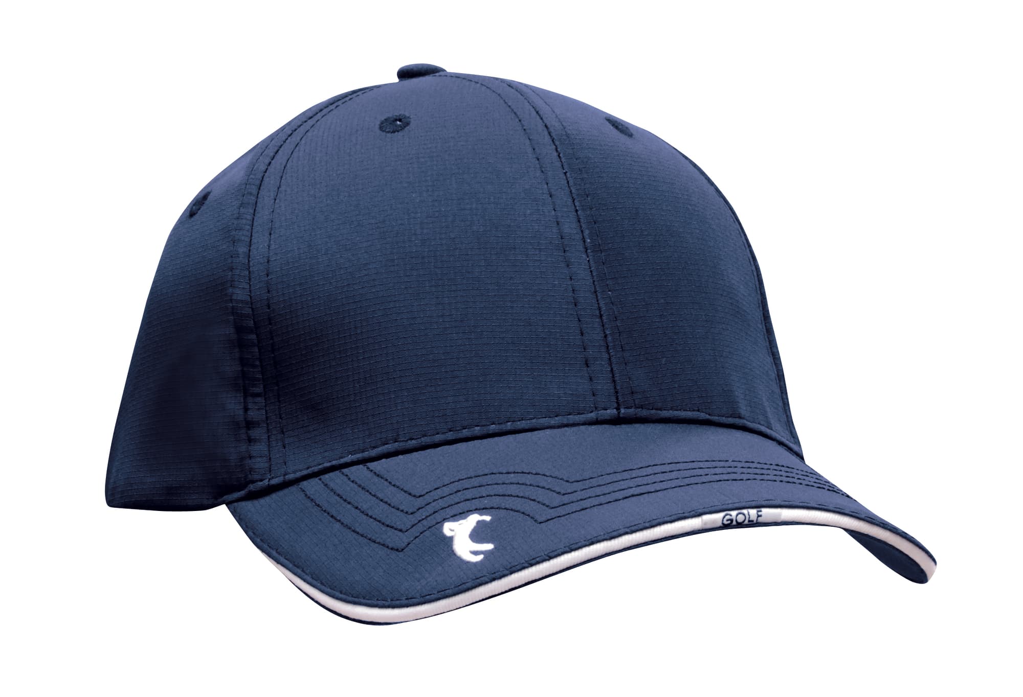 A navy cap featuring peak embroidery and a logo. Made from ripstop fabric for durability.