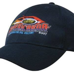 A navy cap featuring a colourful embroidered design and a logo. The cap is made from 100% recycled fabric.