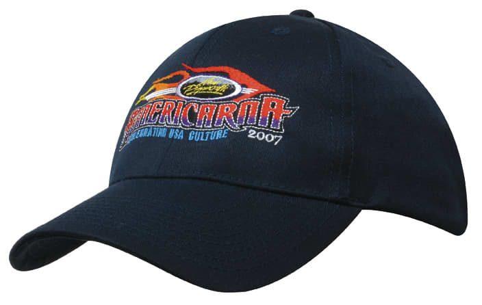 A navy cap featuring a colourful embroidered design and a logo. The cap is made from 100% recycled fabric.