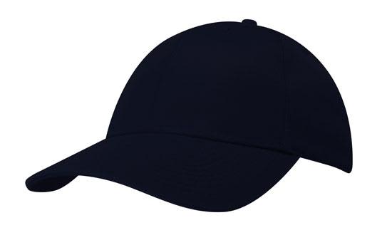 A navy blue cap made from 100% recycled earth-friendly fabric, featuring a simple design and a logo.