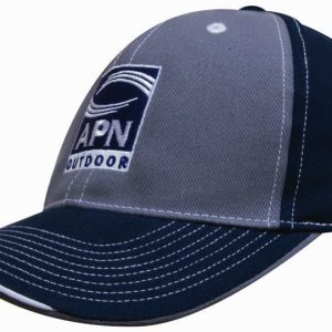 A two-tone cap featuring grey and navy panels, contrasting stitching, and a logo on the front.