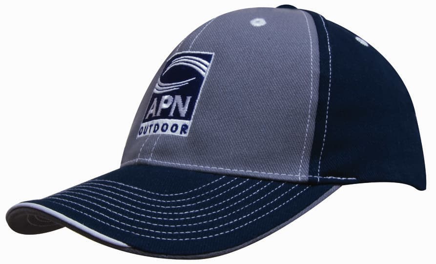 A two-tone cap featuring grey and navy panels, contrasting stitching, and a logo on the front.