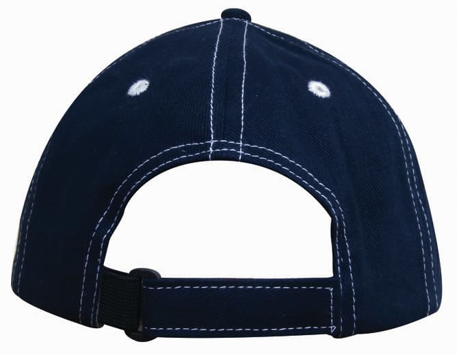 A navy cap with contrasting white stitching and an adjustable strap at the back, featuring a logo.