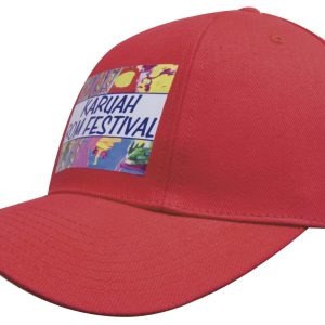 A red brushed heavy cotton cap with a rotated crown and a logo on the front.