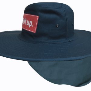 A navy canvas sun hat with a wide brim and an attached neck flap, featuring a logo on the front.