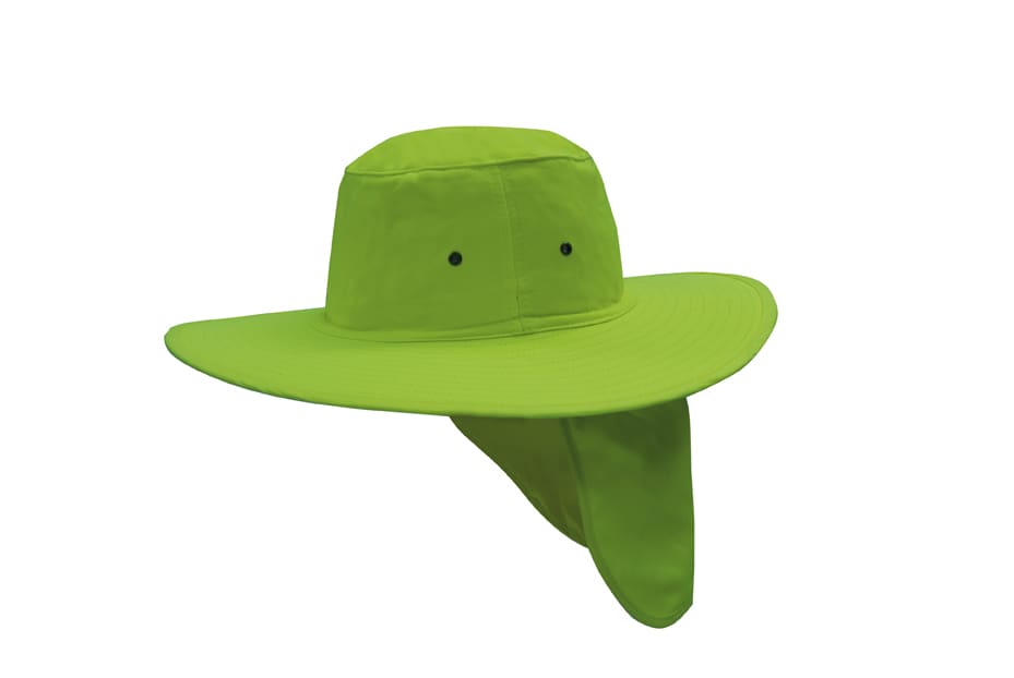 A bright green canvas sun hat with a wide brim and a neck flap, featuring two small ventilation holes.