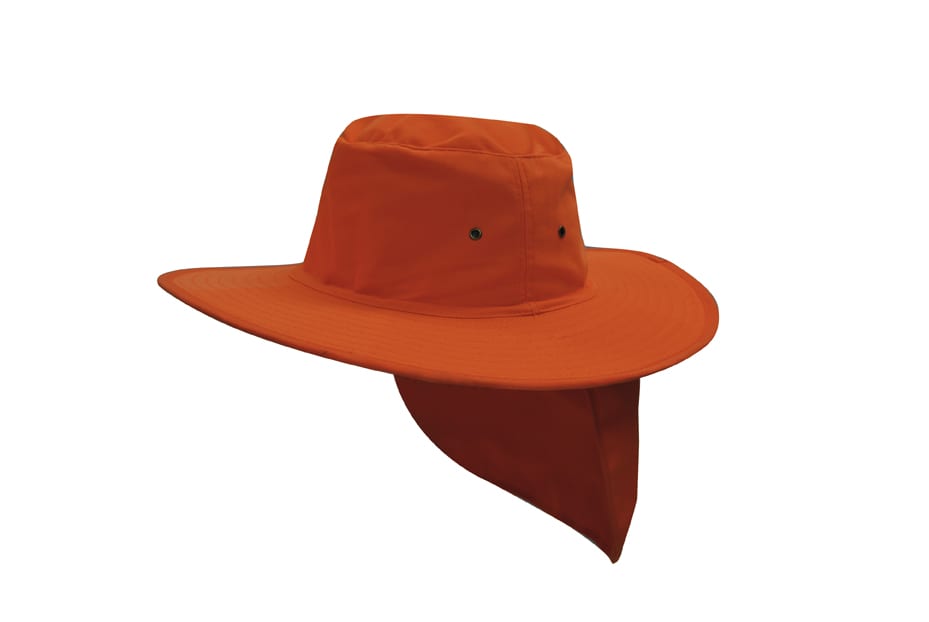 An orange canvas sun hat with a wide brim and neck flap. It features ventilation holes and has a logo.
