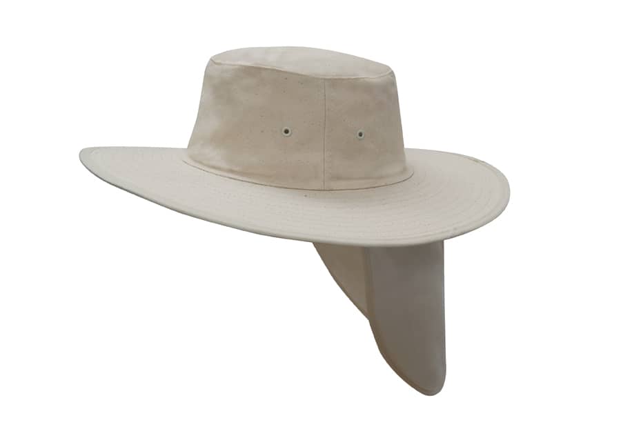 A light beige canvas sun hat with a wide brim and a neck flap, featuring ventilation holes.