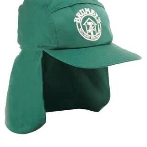 A green Poly Cotton Legionnaire Cap featuring a wide brim and a flap at the back. It has a logo on the front.