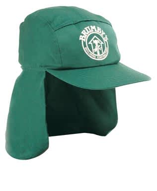 A green Poly Cotton Legionnaire Cap featuring a wide brim and a flap at the back. It has a logo on the front.