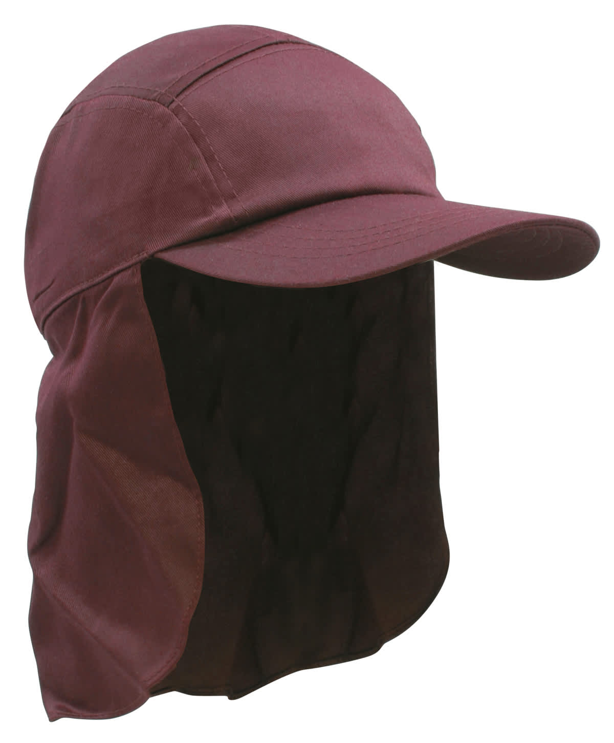 A maroon Poly Cotton Legionnaire Cap with a protective neck flap and a logo on the side.