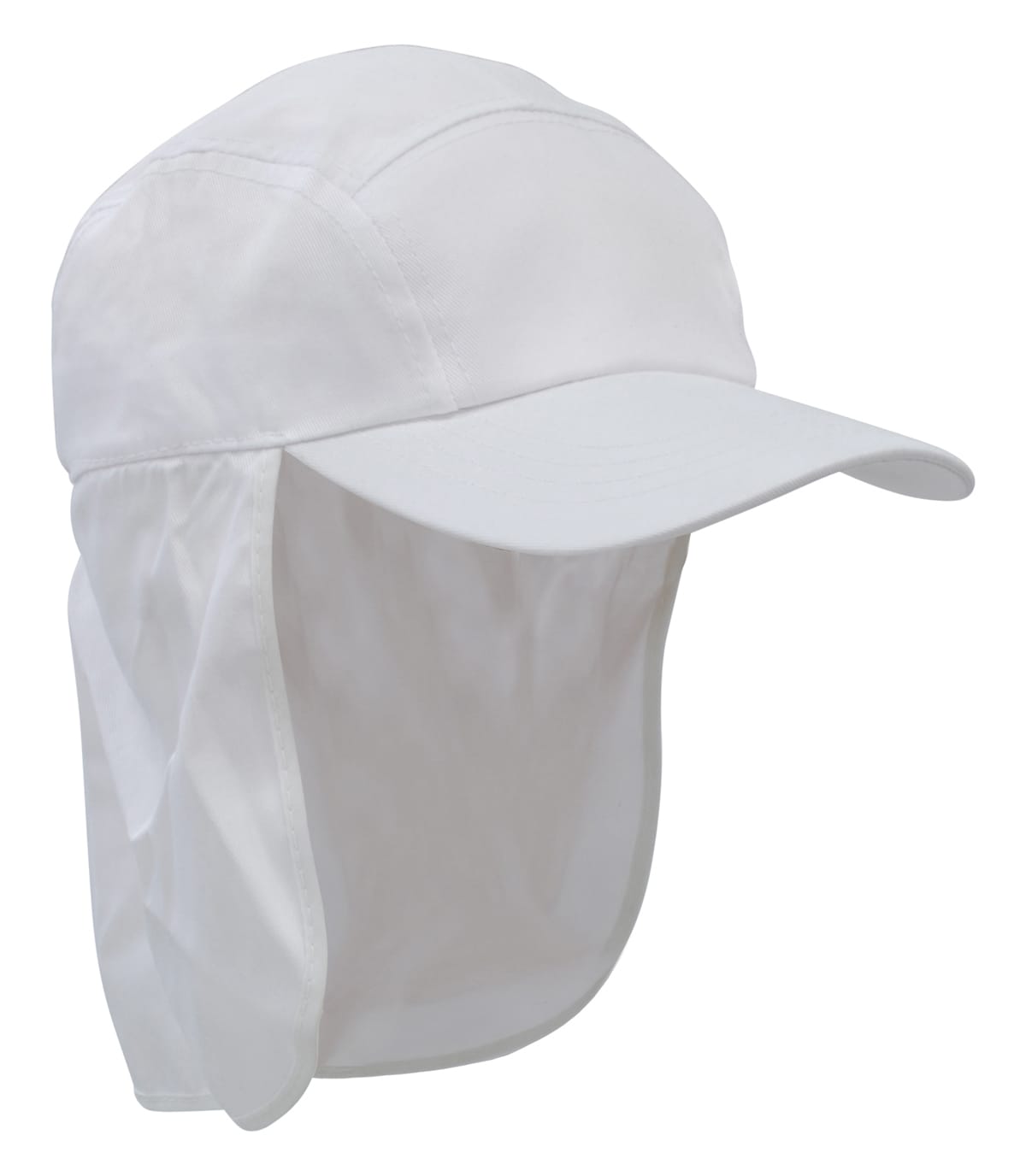 A white Poly Cotton Legionnaire Cap with a protective neck flap and a curved brim. It features a logo on the side.