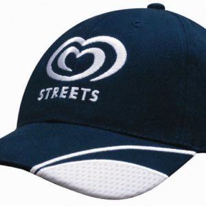 A navy blue brushed heavy cotton cap with mesh inserts on the peak and a logo on the front.