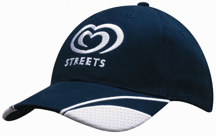 A navy blue brushed heavy cotton cap with mesh inserts on the peak and a logo on the front.