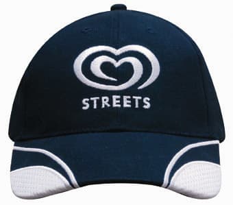 A navy cap featuring mesh inserts on the peak and a logo on the front.