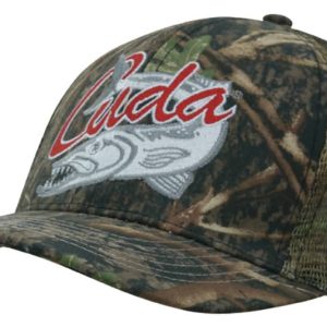 A camouflage cap in shades of green and brown with a mesh back and a logo on the front.