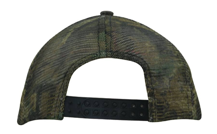 A camouflage cap featuring a camo mesh back, in shades of green and brown, with an adjustable strap.